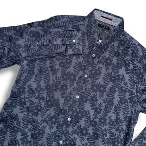 Ted Baker Mens Floral Print Button Down Shirt Long Sleeve Dark Blue Cotton Sz XL